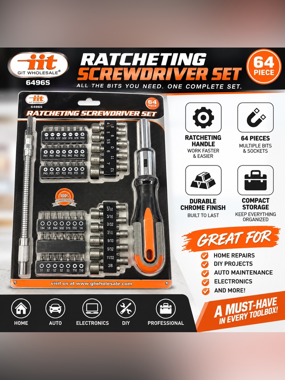 GlvWholesale Ratcheting Screwdriver Set with Orange & Black Handle - 64-Piece